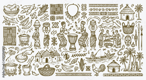 Sketch Style African Village Life and Culture Doodles Collection. Culture of Togo.
