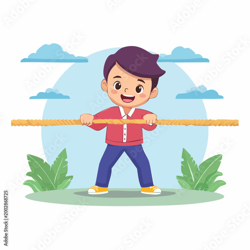 Boy playing tug of war