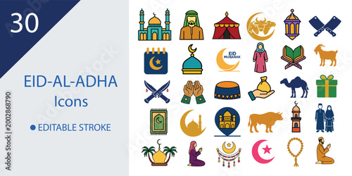 Eid al-Adha Icons Set Vector Collection, Islamic Holiday Religious Symbols on White Background