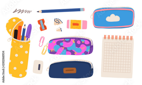Flat vector set with pencil cases and school stationery, pencil, sharpener, eraser, paper clips, notebook, back to school supplies