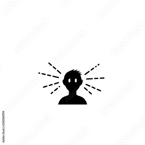 Minimalist silhouette profile of a man with spiky hair and radiating dashed lines representing mental pressure or migraine