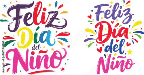 Colorful Spanish Feliz Día del Niño Typography Vector with Vibrant Brush Script Lettering and Decorative Confetti Elements for Children's Day