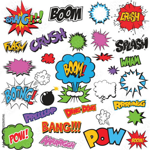 Colorful comic book explosion sound effects words and phrases on white background  various expressions and reactions in pop art style for graphic design and digital art