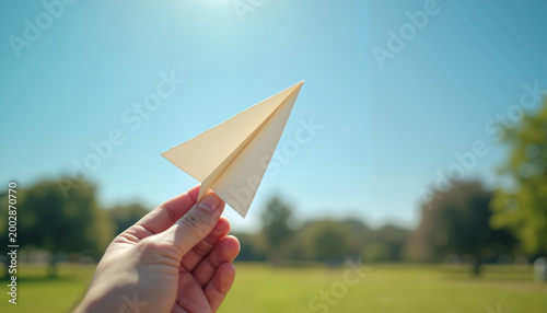 Hand launching paper airplane in sunny park, playful creativity