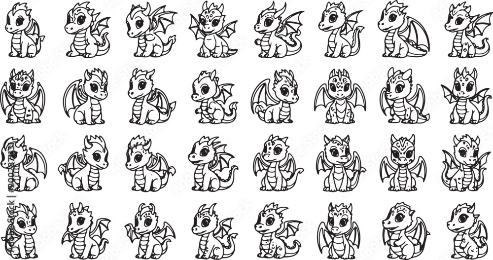 Fototapeta premium set of cute fantasy baby dragons in various poses flat design vector illustration
