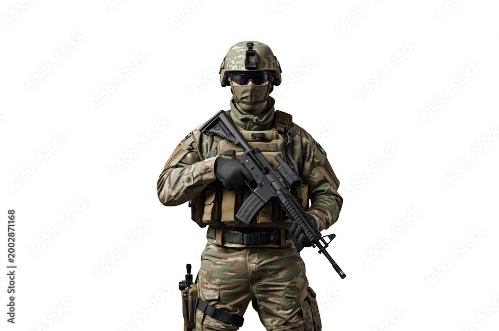 Obraz premium Special forces soldier holding assault rifle against transparent background