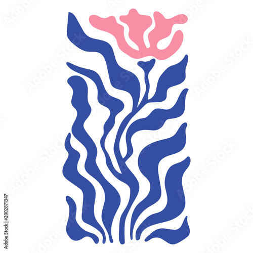 Abstract Pink Flower with Blue Wavy Leaves