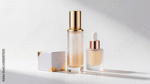 ​Luxury gold skincare serum set.
​Tall glass bottle with gold.
​Frosted dropper bottle, rose gold.
​White box with gold accents.
​Bright studio lighting, soft shadows.
​Elegant minimal beauty product 
