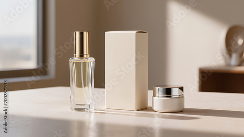 Minimalist beauty product mockup collection.
​Glass perfume bottle, gold cap.
​Plain beige rectangular packaging box.
​Small white cream jar, silver.
​Soft natural sunlight and shadows.