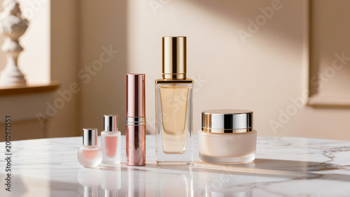 ​Elegant skincare bottles on marble table.
​Warm sunlight hits gold beauty jars.
​Minimalist luxury cosmetic products arranged neatly.
​Classical statue blurred in warm background.