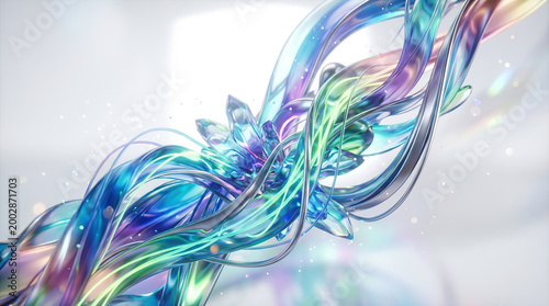 Iridescent glass ribbons forming abstract luminous crystal bloom design