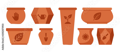 Terracotta Flower Pots Set with Gardening Icons, Isolated Clay Plant Containers for Home Decor and Horticulture, Flat Vector Illustration of Ornamental Pottery for Garden and Indoor Botanical Design
