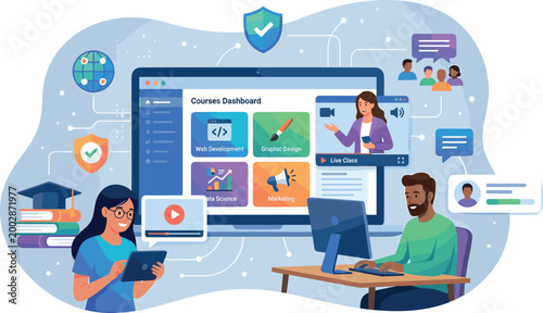 Online Education Platform Illustration with Students Learning via Course Dashboard Live Classes Web Development Graphic Design and Marketing for E-learning and Remote Study ConceptsOnline Education Pl