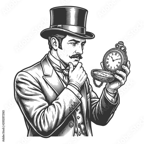 thoughtful Victorian gentleman in a top hat examining an ornate pocket watch sketch engraving generative ai fictional character vector illustration. Scratch board imitation. Black and white image.