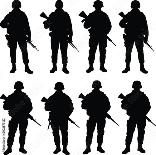 Army soldiers silhouettes standing with rifles in different poses military personnel tactical combat vector illustration set