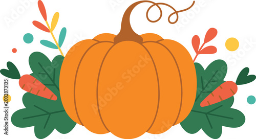 Autumn pumpkin composition with leaves and vegetables decorative fall harvest seasonal design vector illustration isolated on white background