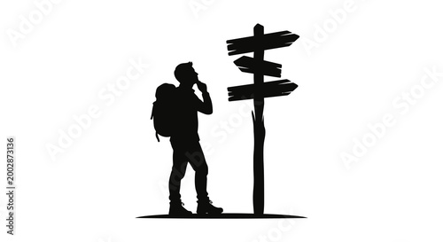Traveler with backpack and signpost black silhouette