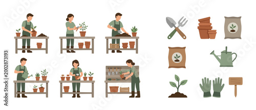 Gardening People Characters Set Planting Flowers and Vegetable Seedlings with Tools for Home Garden Decoration or Hobby Concept Flat Illustration Design Elements Isolated on White Background