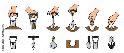 Bulb Planter Tool Step-by-Step Planting Guide, Spring Garden Instructions, Flower Bulb Installation Manual, Gardening Hand Tools Infographic Set for Soil Preparation and Planting Process Vector Illust