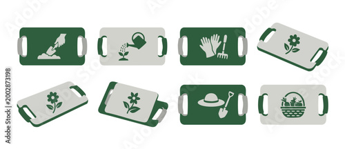Gardening Icon Set on Trays, Vector Icons for Planting and Horticulture. Flat design gardening symbols collection featuring tools, flowers, and vegetable harvest on modern green and white serving tray