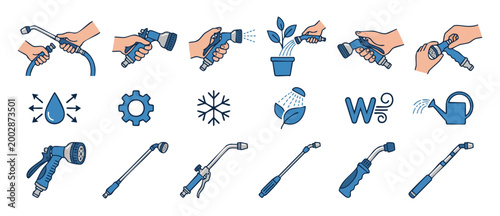 Garden Watering Hose Spray Nozzle Icons Set for Irrigation and Plant Care. Professional handheld lawn sprinkler heads, adjustable water sprayers, gardening tools collection, isolated vector illustrati