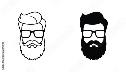 Hipster man portrait with thick beard and glasses vector icon in outline and solid black silhouette styles for barbershop branding and modern male fashion design assets isolated on white
