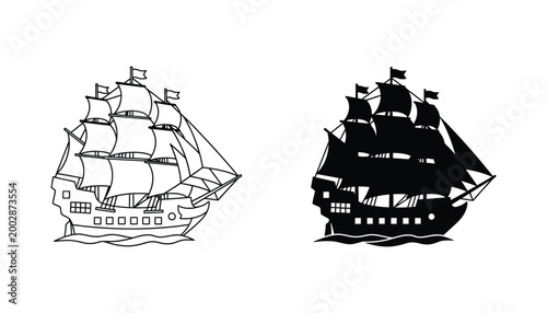 Detailed vintage sailing ship vector illustration set featuring outline and black filled silhouettes for nautical themes and maritime adventure graphic design projects