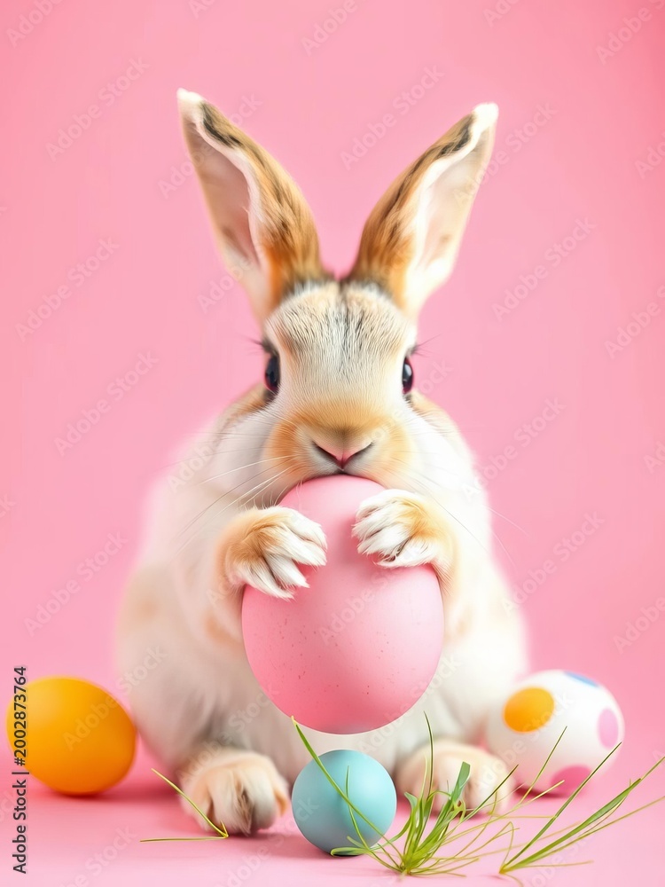 Fototapeta premium Soft-focus bunny grasping pink Easter egg on bright pink background, graphics, spring