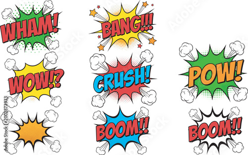 Comic book sound effects collection featuring colorful speech bubbles with wham bang pow and boom text in pop art style isolated on white background.