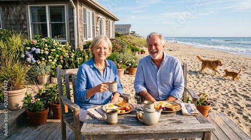 An senior man and woman are having breakfast on the beach along with their pets