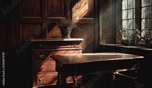 Sunlit antique room with wooden furniture, potted plants, and paneled walls