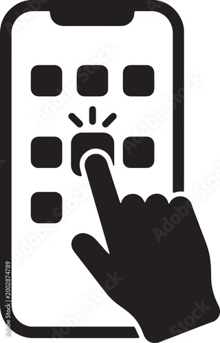 Mobile tap gesture icon, smartphone touch click interaction, minimal black vector design