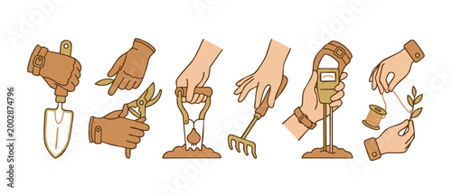 Gardening hands set with tools, vector illustration of planting equipment, holding trowel, pruner, bulb planter, rake, soil tester and tying plant with twine, isolated flat design icons for horticultu
