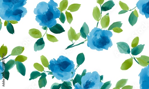 pattern of blue painted impressionist brushed roses with bright green leaves on white background