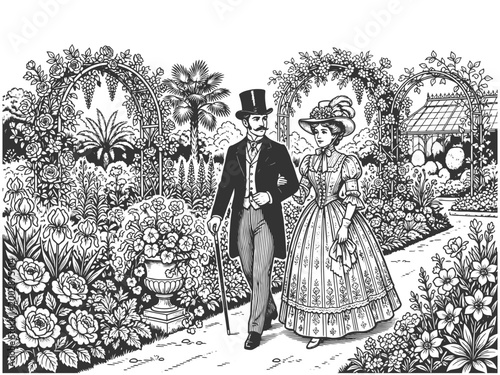 elegant Victorian couple strolling through a lush formal garden with flowers and arches sketch engraving generative ai vector illustration. Scratch board imitation. Black and white image.