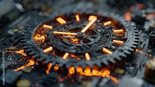 Futuristic mechanical clock on dark metal circuit board with glowing orange lines, neon highlights, cyberpunk microchips and wires, industrial machinery, high-tech aesthetic