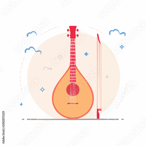 Flat illustration of a bouzouki and bow