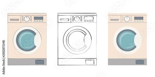 Set of three washing machines in different styles: hand-drawn flat color, black and white outline, and clean minimal design. Isolated household appliance for laundry, bathroom interior and home servic