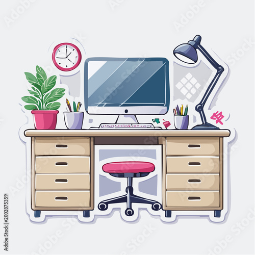 Desk with Computer and Office Supplies