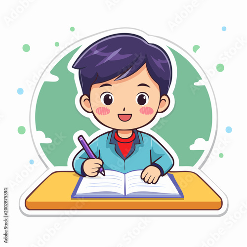 Cute Boy Studying and Writing in a Book