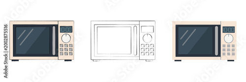 Set of three microwave ovens in different styles: hand-drawn flat color, black and white outline, and clean minimal design. Isolated kitchen appliance for cooking, heating food and home equipment conc