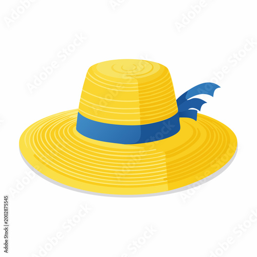 Yellow straw hat with blue ribbon