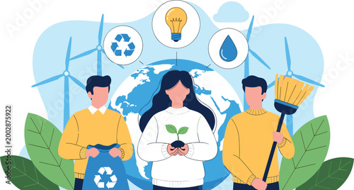 Environmental protection vector illustration with people recycling planting and renewable energy symbols sustainability eco friendly concept design