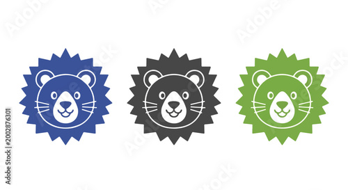 Set of three colorful cartoon lion icons in blue black and green with friendly expressions for children or educational