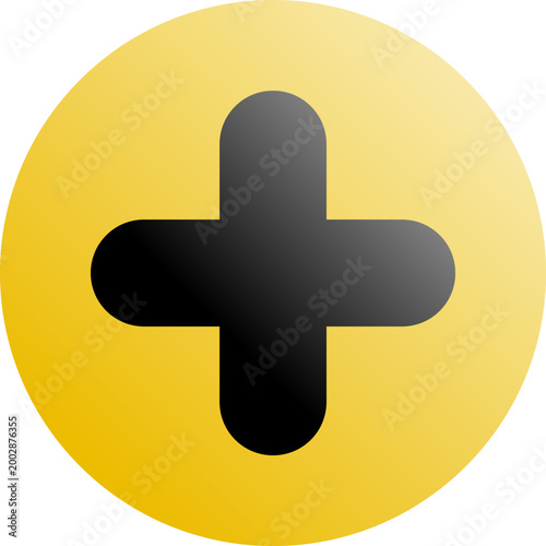 Vector illustration of a black plus or medical cross on a yellow circle button