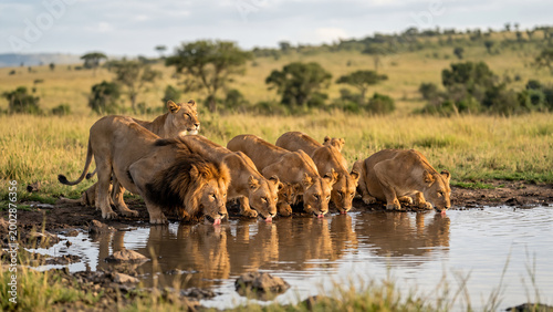 A pride of lions drinks water by the lake on the grassland.