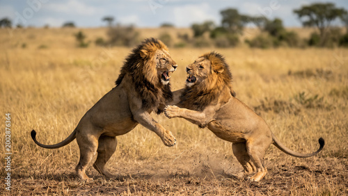 Two male lions are fighting for territory.