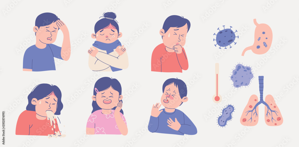 Fototapeta premium Hand-Drawn Sick Kids Illustration Set Featuring Various Illness Symptoms and Medical