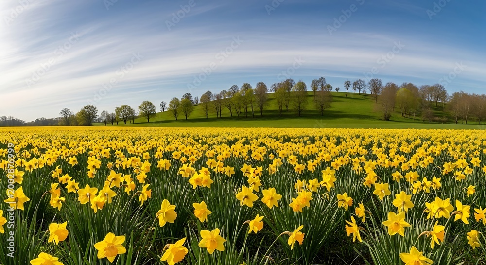 Obraz premium Expansive daffodil field with green trees and hills