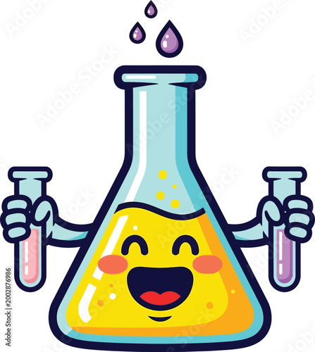 Cute Cartoon Erlenmeyer Flask Character Holding Two Test Tubes Science Illustration.